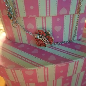 Silver-Tone Red Heart Mom Necklace